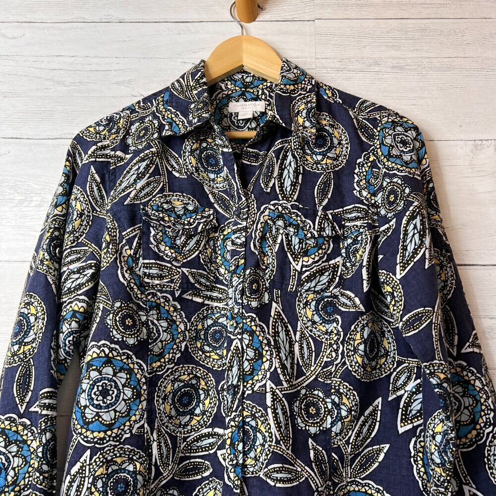 Charter Club Shirts Womens Size 10P Colorful Floral Button Stained Glass Linen - Picture 9 of 16